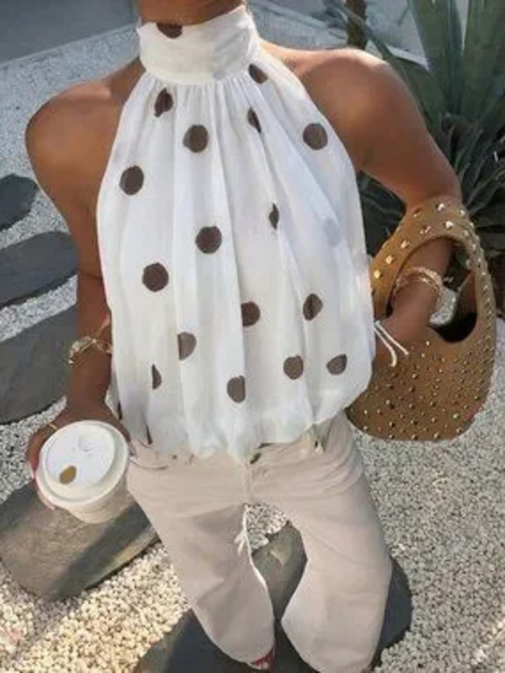 ZARA White Casual Women's Polka Dot Print Halter Elegant Sleeveless Top